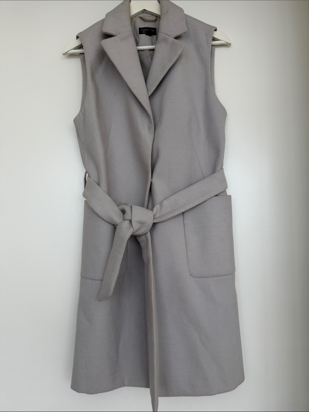 Topshop Sleeveless Belted Long Vest Coat in Light Blue/Grey